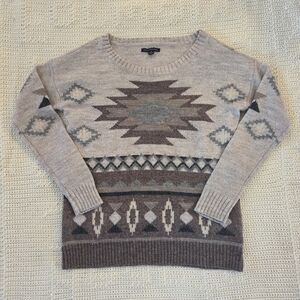 Cozy Aztec-Pattern Crewneck Sweater - Beige/Taupe